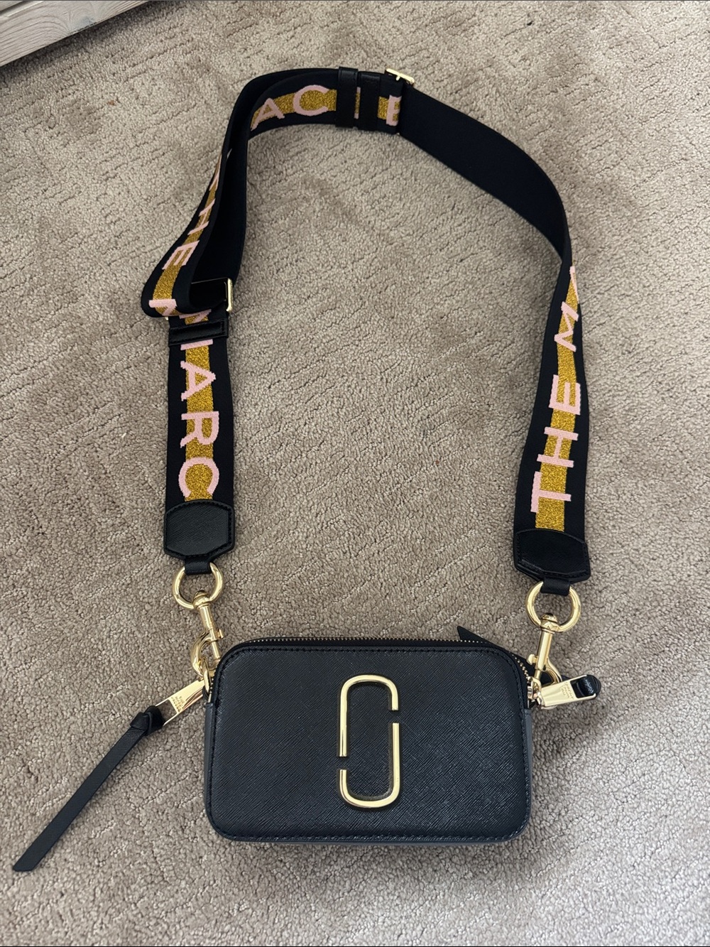 Marc Jacobs Black Camera Crossbody with Black and Pink Logo Strap